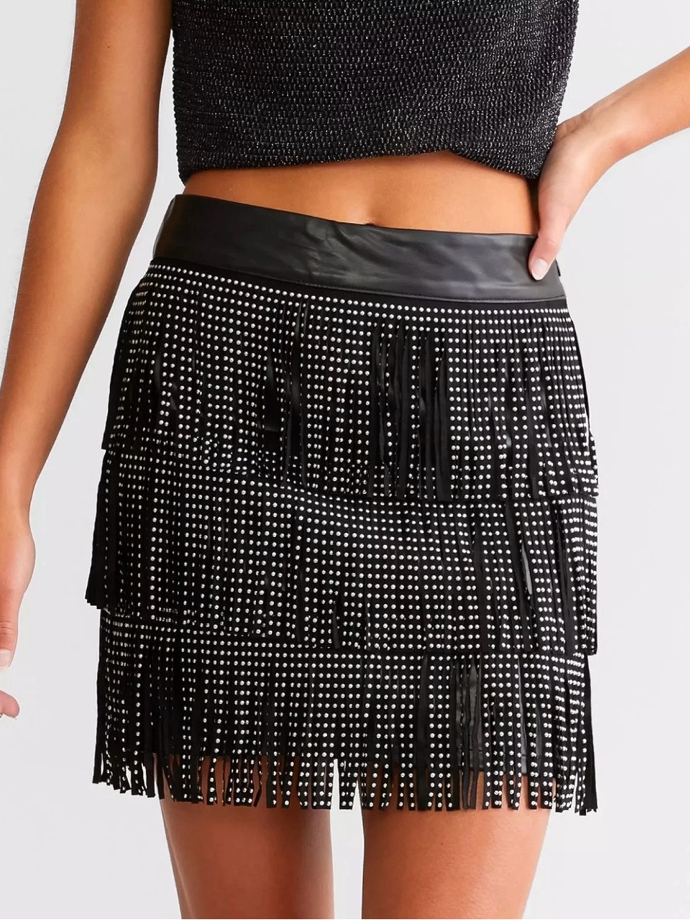 Sincerely Jules Black Studded Fringe Mini Skirt - Picture 2 of 11